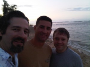 Me, Ian (our Hawaii house concert host), and Sean on the beach.